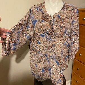 Paisley Ruffle Front Blouse in Blue and Tan